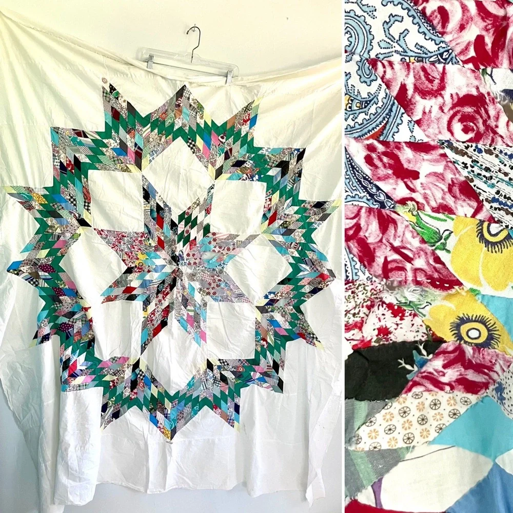 Vintage 40’s novelty feedsack cotton broken star quilt topper cutter quilt